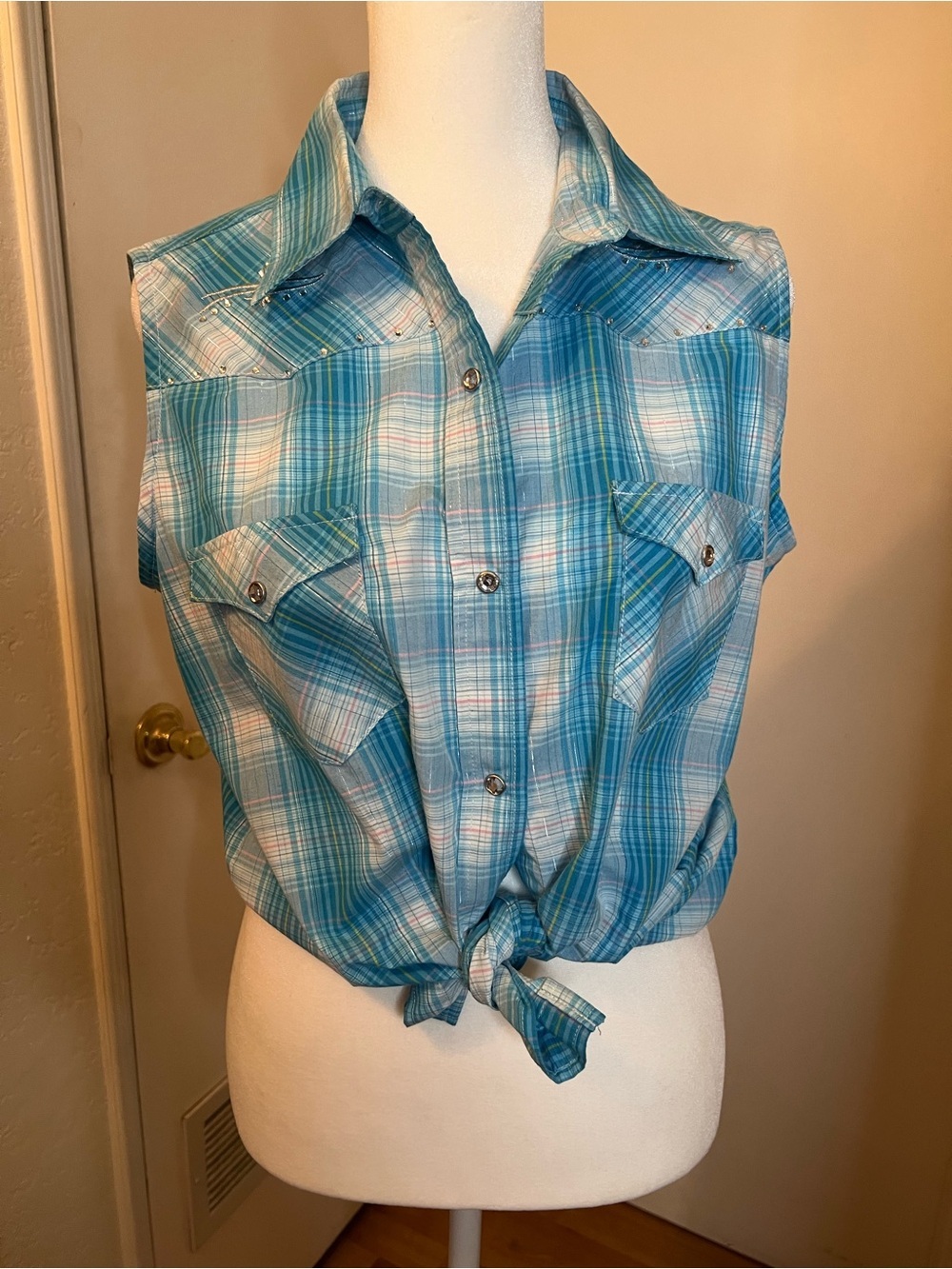 Shyanne Teal Plaid Sleeveless snap-Down